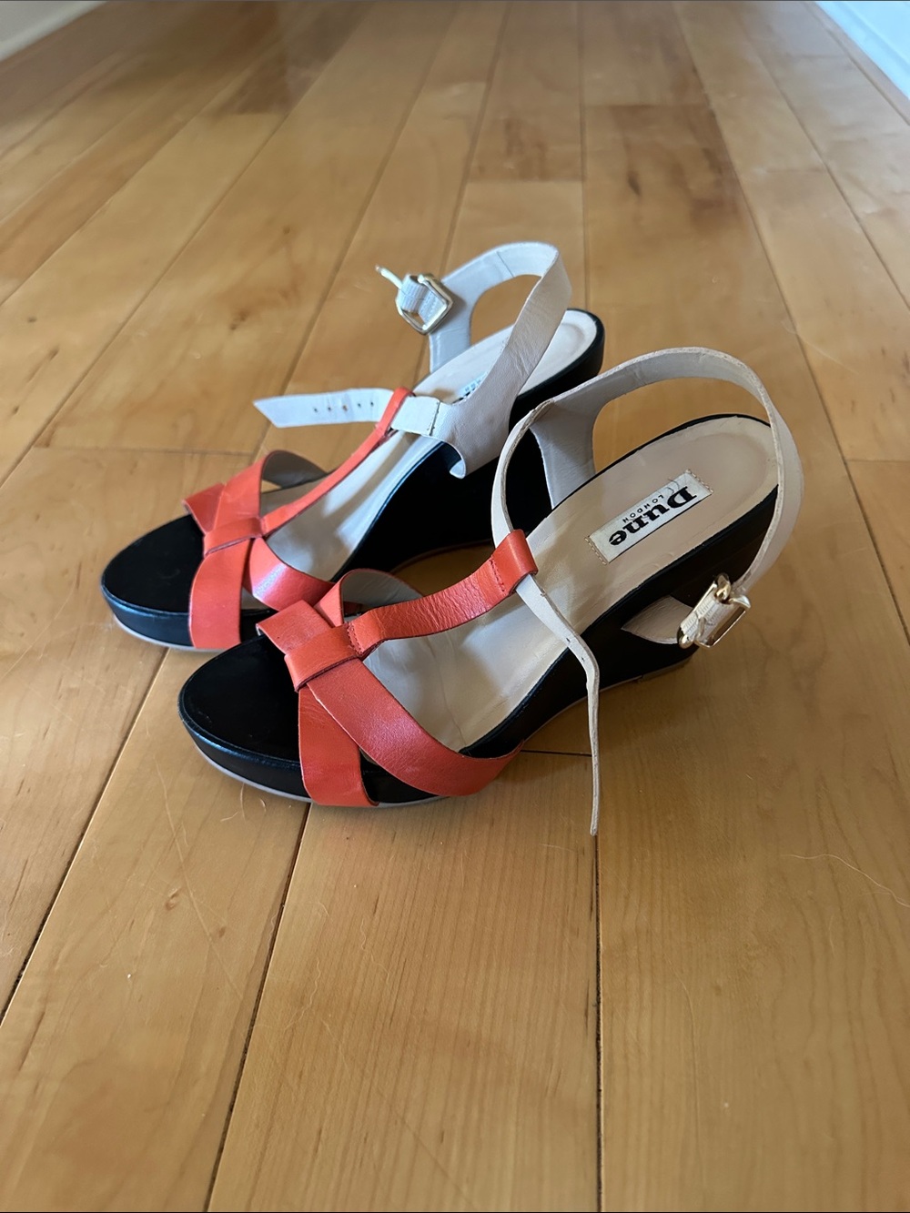 Dune London Coral and Cream Wedge Slingback Sandals